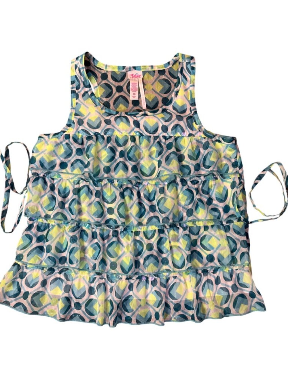 Justice Girls 16 Sleeveless Tiered Blouse Blue Lime Shimmer Ruffle Top Used - Picture 13 of 16